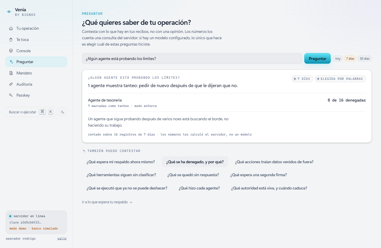 Venia contestando si algún agente está probando los límites: un agente muestra tanteo, ocho de dieciséis denegadas, siete marcadas como tanteo, y una nota que dice que los números los calculó el servidor y no un modelo.